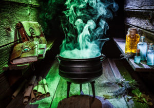 Witcher cauldron with blue and green smoke for Halloween